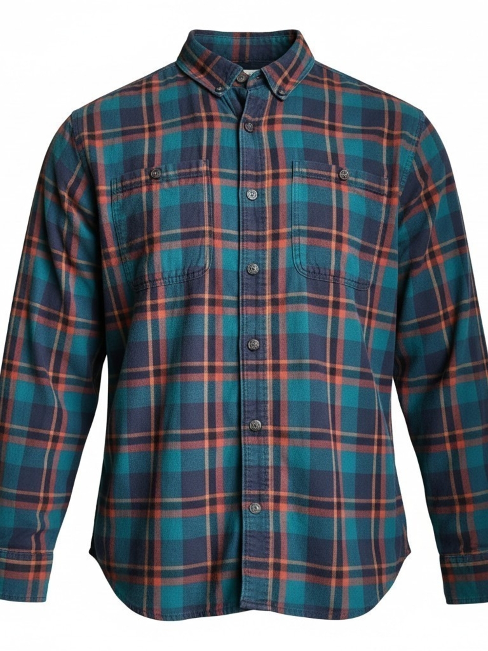 Duluth Trading Co. Relaxed Fit Plaid Flannel Shirt Mens 2XL Teal Orange